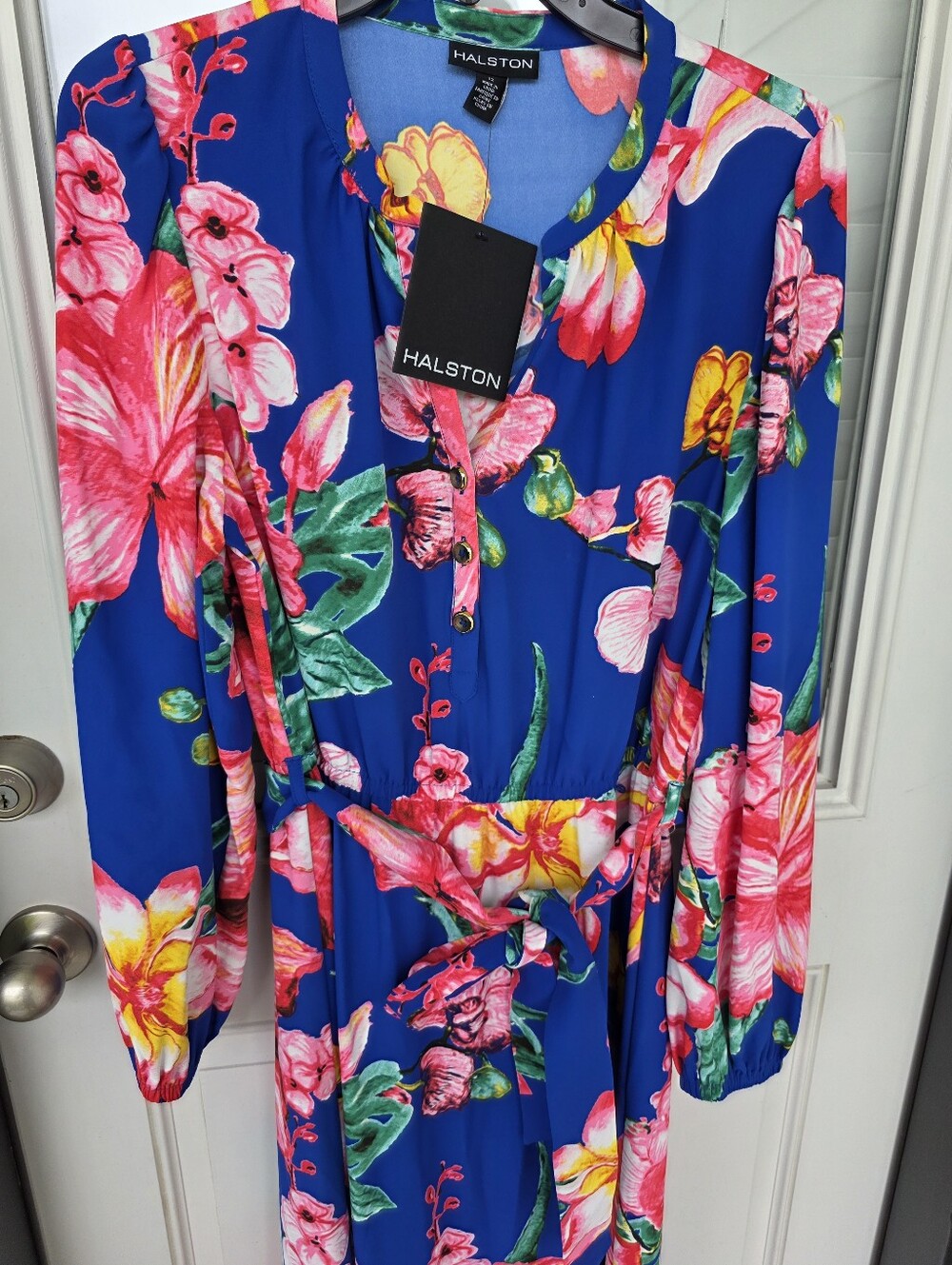 Halston Floral Maxi Dress Size 12 Blue Pink Long Sleeve Belted Vacation NWT - Picture 9 of 12